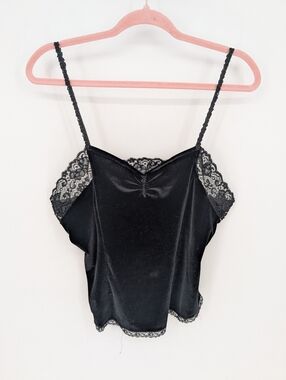 Vintage Y2K Whimsigoth Black Velvet Lace Tank Top Gothic Grunge Womens Large